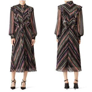 Giamba Black Stripe Ruffle Blouson Midi Dress $1335